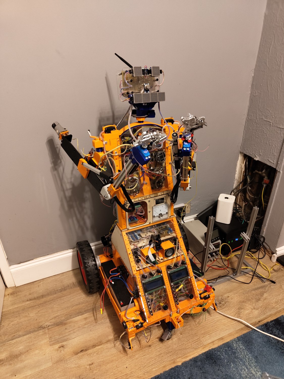 Elysa 3.0 — a bespoke robot built in-house, its custom orange frame and wiring on show, at Wake the Tiger