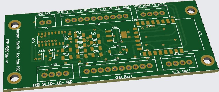 A custom ESP8266 development board designed in KiCad — a bare PCB with labelled GPIO, ADC and SPI headers, USB input and 5V/3.3V power rails