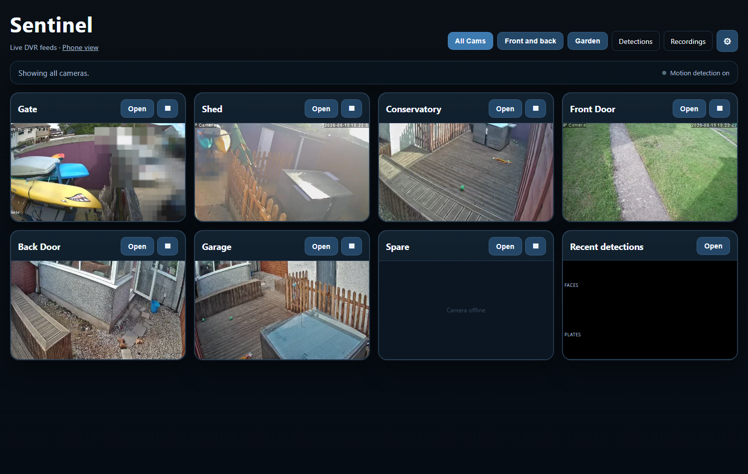 A browser dashboard showing a grid of live camera tiles — each labelled by name, opened on the local network with no vendor app