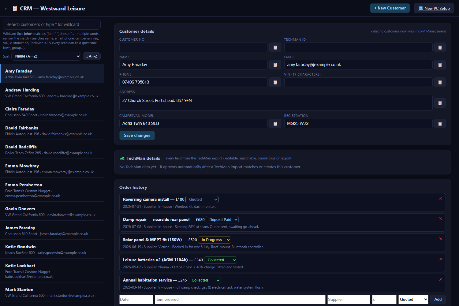 The CRM showing a customer record — contact details, vehicle and colour-coded order history alongside the searchable customer list