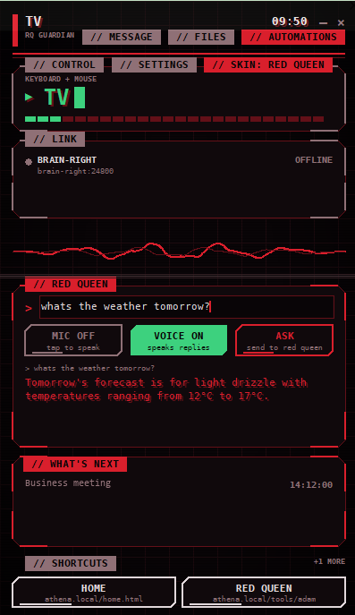 The RQ Guardian desktop app in its Red Queen skin — controlling a machine over KVM, with links to other PCs, a built-in Red Queen assistant, an upcoming-events list and quick shortcuts